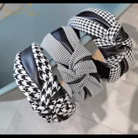 New black and white fabric print houndstooth top knot with leather headband - Picture 7 of 10